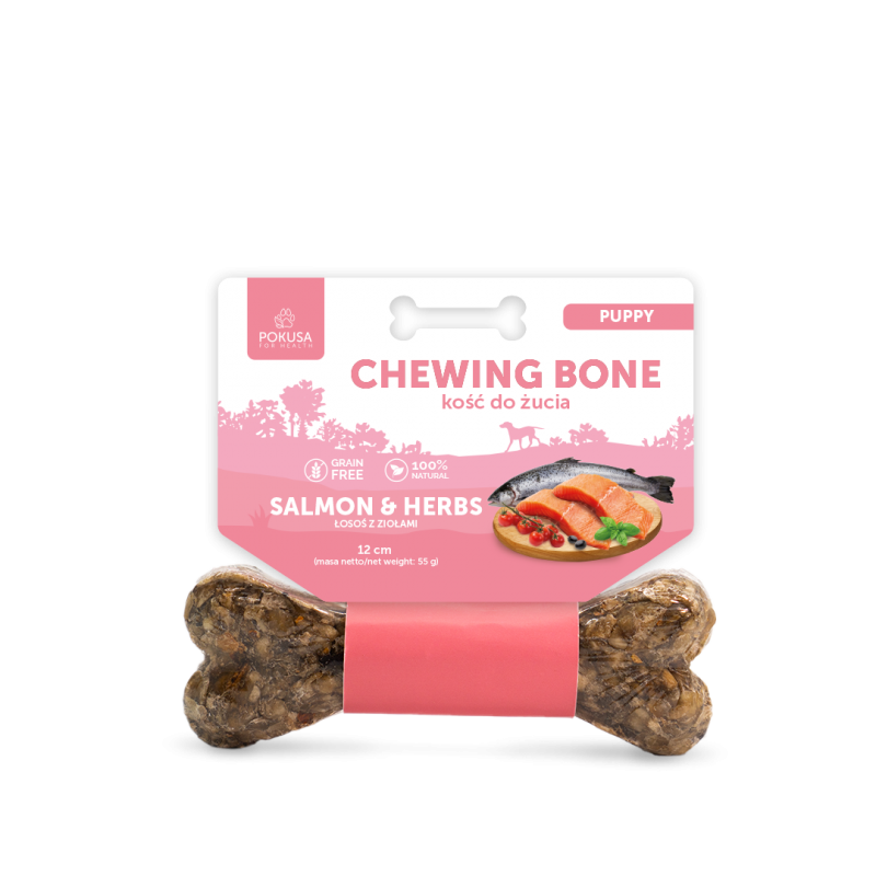 PREMIUM SELECTION Chewing Bone PUPPY 12cm - Дъвчаща кост, висококачествена говежда кожа oбогатена със сьомга, домат, маслини, босилек и мащерка.