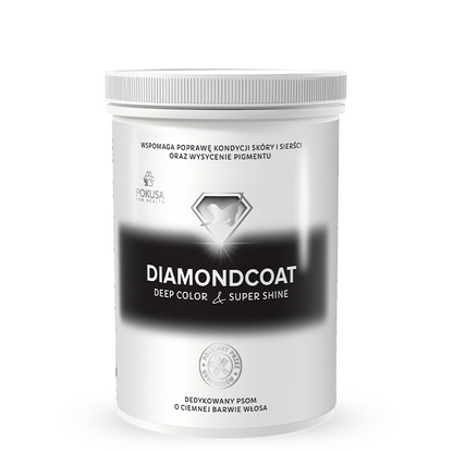 DiamondCoat Deep Color & Super Shine - 300g - препоръчва се за черни, тъмнокафяви, кафяви и мерле кучета стимулира отделянето на пигмент, като по този начин подчертава естествената дълбочина на цвета на козината
