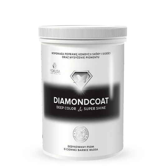 DiamondCoat Deep Color & Super Shine - 300g - препоръчва се за черни, тъмнокафяви, кафяви и мерле кучета стимулира отделянето на пигмент, като по този начин подчертава естествената дълбочина на цвета на козината