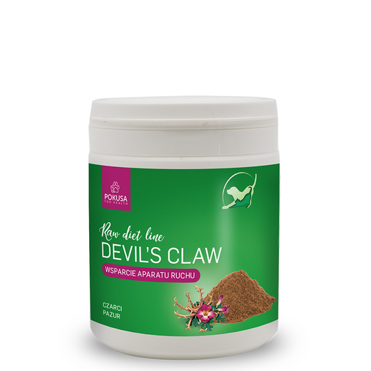 Raw Diet Line Devil's Claw 100g - Дяволски нокът - натурална хранителна добавка за възрастни кучета и котки, препоръчвана за употреба при проблеми в костно-ставната система допринася за поддържане на комфорта на движението, подпомагайки неговата плавност